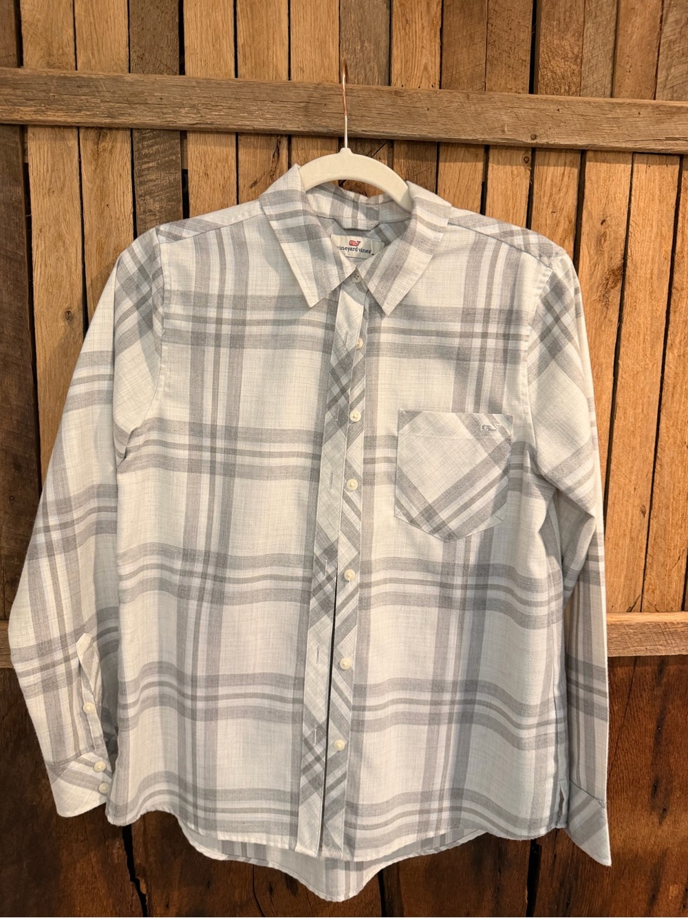 Vineyard Vines Women's Gray and White Plaid Button-Down Shirt